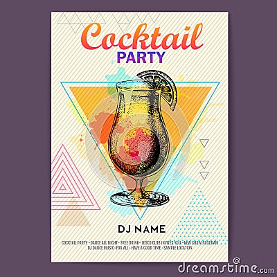 Cocktail tequila sunrise on artistic polygon watercolor background Vector Illustration