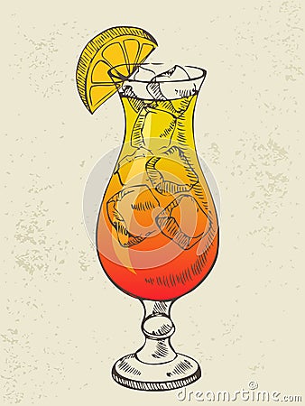 Cocktail tequila sunrise with ice. Vector Illustration