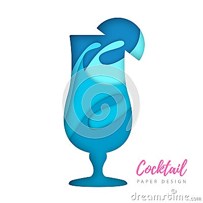 Cocktail tequila sunrise silhouette. Cut out paper art style design Vector Illustration