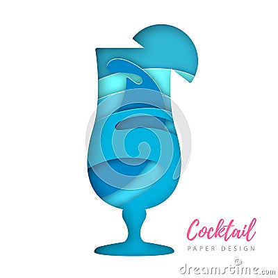 Cocktail tequila sunrise silhouette. Cut out paper art style design Vector Illustration