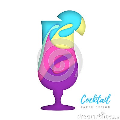 Cocktail tequila sunrise silhouette. Cut out paper art style design Vector Illustration