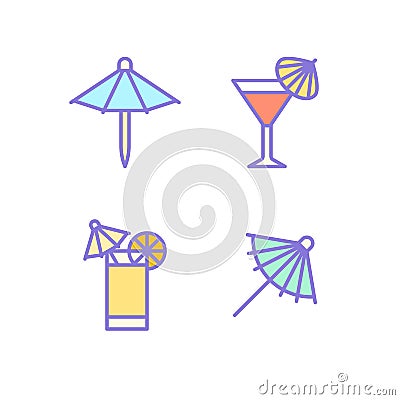Cocktail umbrella flat line icons. Cold summer drinks illustrations, tequila sunrise, cosmopolitan alcohol beverage Vector Illustration