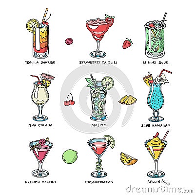 Cocktail vector alcohol beverage drinking alcoholic tequila martini drink cocktail in glass with pina colada mojito and Vector Illustration