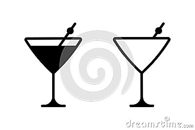 Cocktail vector icon set. Alcohol bottles and glasses symbol. Outlie and black alcoholic beverages sign Vector Illustration