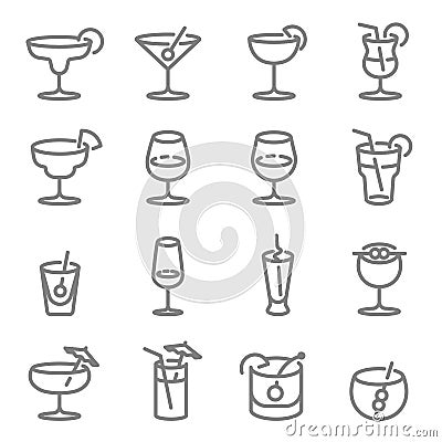 Cocktail Vector Line Icons. Contains such Icons as Wine, Mojito, Champagne, Whiskey and more. Expanded Stroke. Vector Illustration