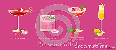 Cocktail vector set for Valentine's Day, Mother's Day, Women's Day. Alcohol Drinks with lemon, fruit Chew, raspberries, sorbet, Vector Illustration