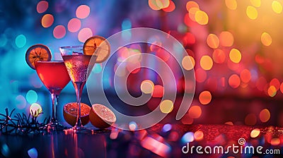 Cocktails on a table with bokeh lights and blur background. Christmas time. Stock Photo