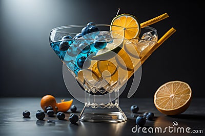 Cocktails with blueberries, orange and lemon on black background. ai generated Stock Photo