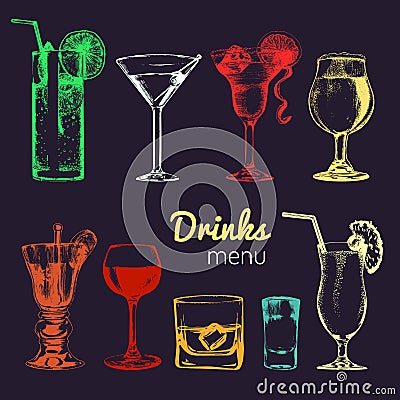 Cocktails, drinks and glasses for bar, restaurant, cafe menu. Hand drawn alcoholic beverages vector illustrations set. Vector Illustration