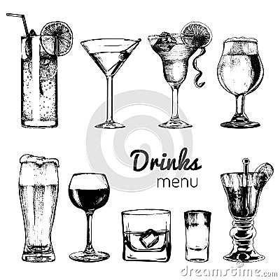 Cocktails, drinks and glasses for bar, restaurant, cafe menu. Hand drawn alcoholic beverages vector illustrations set. Vector Illustration