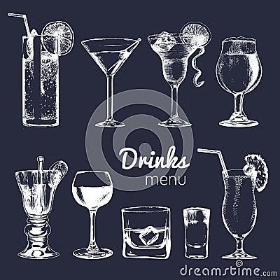 Cocktails, drinks and glasses for bar, restaurant, cafe menu. Hand drawn alcoholic beverages vector illustrations set. Vector Illustration