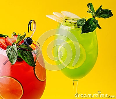 Cocktails with fresh strawberries, kiwi and lemons Stock Photo