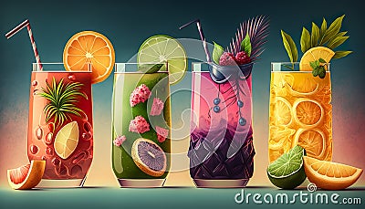 Cocktails And Fresh Tropical Juice Drinks - Generative AI Stock Photo