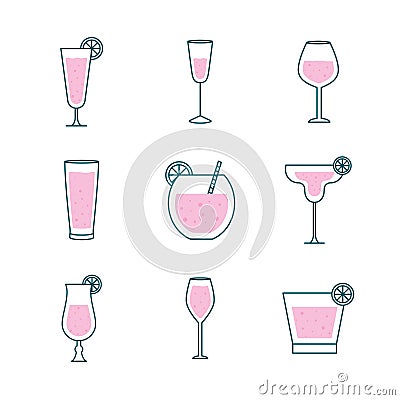 Cocktails glasses cups line and fill style icon set vector design Vector Illustration