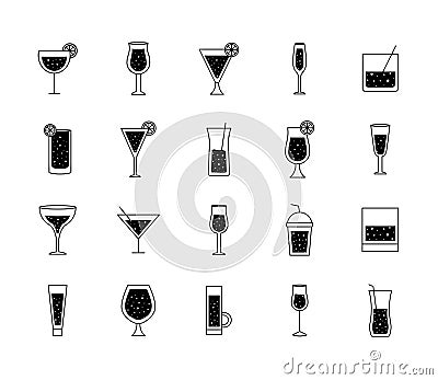 Cocktails glasses cups silhouette style icons bundle vector design Vector Illustration