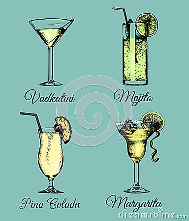 Cocktails and glasses. Hand sketched color alcoholic beverages. Vector set of drinks illustrations,Vodkatini,Mojito etc. Vector Illustration