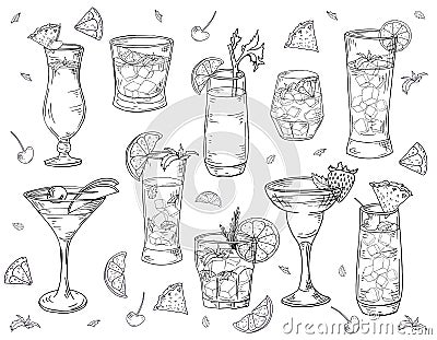 Cocktails hand drawn set in sketch style. Alcoholic drinks in different glass isolated on white background.Beverage Vector Illustration