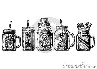 Cocktails in mason jar and shaker Vector Illustration