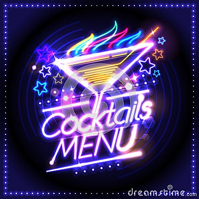 Cocktails menu card design, neon lights style Vector Illustration