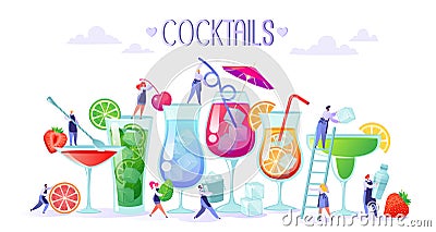 Concept of making refreshing, summer and alcoholic cocktails with fruit, ice and mint leaves. Vector Illustration