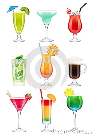 Cocktails realistic. Alcoholic drinks in glasses juice tequila mint vodka liquer gin tonic vector realistic cocktail Vector Illustration