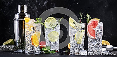 Cocktails set. Alcoholic drinks with gin, tonic, lime, lemon, grapefruit, orange, cucumber, soda and spicy herbs in wine glasses, Stock Photo