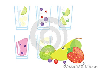 Cocktails and smoothie with fresh fruits and berries Vector Illustration