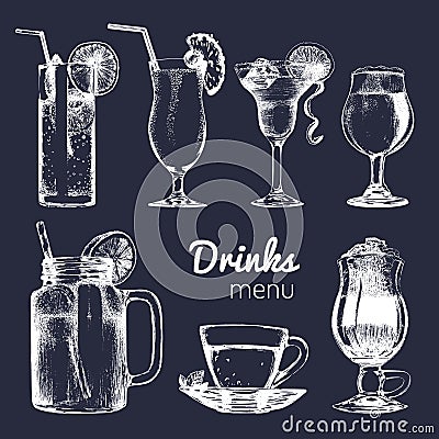 Cocktails,soft drinks and glasses for bar,restaurant,cafe menu. Hand drawn different beverages vector illustrations set. Vector Illustration