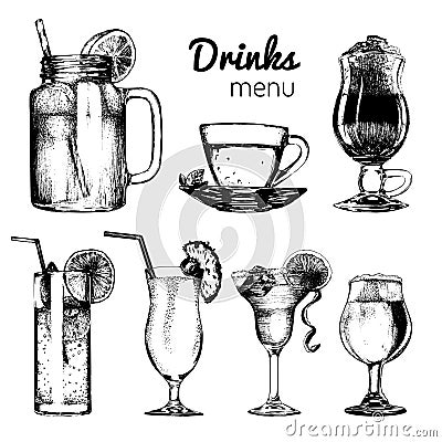 Cocktails,soft drinks and glasses for bar,restaurant,cafe menu. Hand drawn different beverages vector illustrations set. Vector Illustration