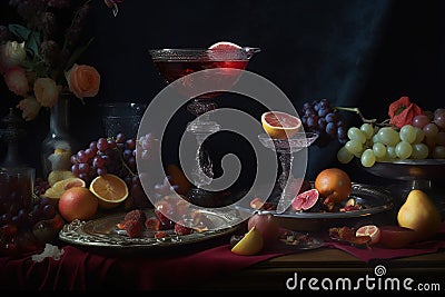 Cocktails on the table, baroque, gourmet photography with flowers incredibly detailed and complex, Rembrandt style Stock Photo