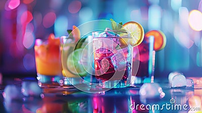 Cocktails on a table with bokeh lights and blur background. Copy space. Stock Photo