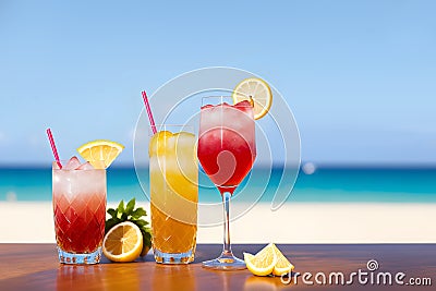 Cocktails on a tropical beach with blue sea and sky background. Summer vacation concept. Teasty cocktail. Beautyful background. Stock Photo