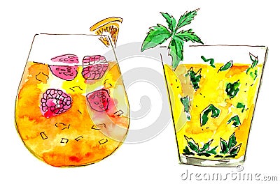 Cocktails, watercolor paint, colorful art, hand drawing Stock Photo