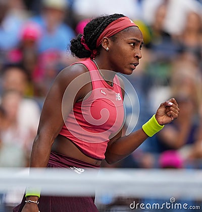 Coco Gauff of United States in action during round of 16 match against Caroline Wozniacki of Denmark at the 2023 US Open Editorial Stock Photo