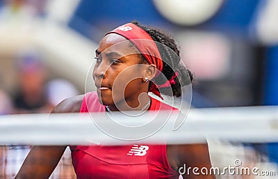 Coco Gauff of United States in action during round of 16 match against Caroline Wozniacki of Denmark at the 2023 US Open Editorial Stock Photo