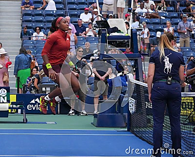 Coco Gauff of United States warms up before round of 16 match against Caroline Wozniacki of Denmark at the 2023 US Open Editorial Stock Photo