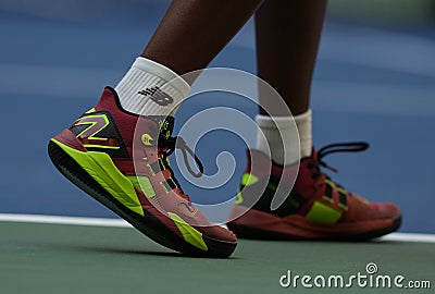 Coco Gauff wears custom New Balance tennis shoes during round of 16 match against Caroline Wozniacki at the 2023 US Open Editorial Stock Photo