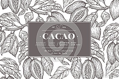 Cocoa bean tree banner template. Chocolate cocoa beans background. Vector hand drawn illustration. Vintage style Vector Illustration