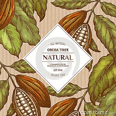 Cocoa bean tree round design template. Engraved style illustration. Chocolate cocoa beans. Vector illustration Vector Illustration