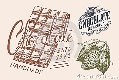 Cocoa Beans and chocolate bar. Vintage badge or logo for t-shirts, typography, shop or signboards. Hand Drawn engraved Vector Illustration