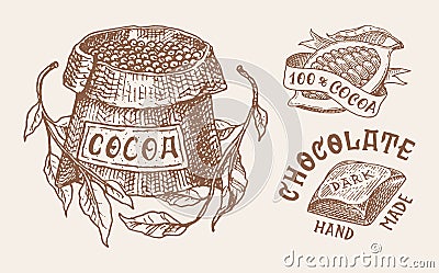 Cocoa Beans and Chocolate. Grains and bag. Vintage badge or logo set for t-shirts, typography, shop or signboards. Hand Vector Illustration