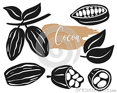 Cocoa beans isolated vector set illustration Vector Illustration