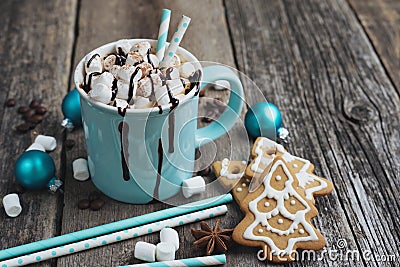 Cocoa in a blue mug with marshmallows, chocolate and christmas cookies Stock Photo