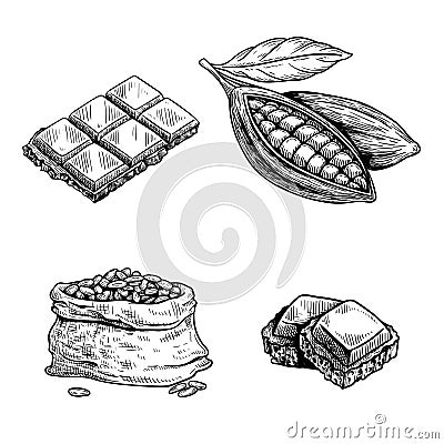 Cocoa and chocolate set. Hand drawn sketch drawings. Chocolate bar and pieces, cocoa pod and cocoa beans bag. Vector Illustration
