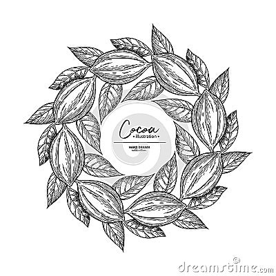 Cocoa frame. Vector superfood drawing template. Fruit, leaf and Vector Illustration