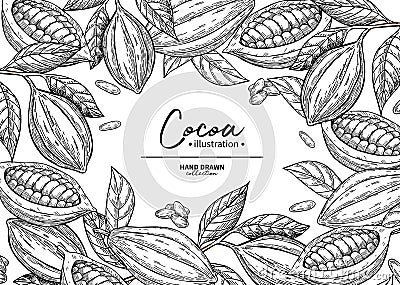 Cocoa frame. Vector superfood drawing template. Fruit, leaf and Vector Illustration