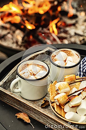 Cocoa or hot chocolate and skewers of roasted marshmallows over campfire Stock Photo