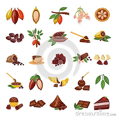 Cocoa icons set cartoon vector. Chocolate leaf Vector Illustration