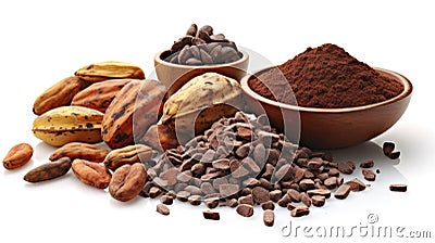 Cocoa ingredients with cocoa beans, fresh cocoa pod and cocoa mass isolated on white background. Generative Ai Stock Photo