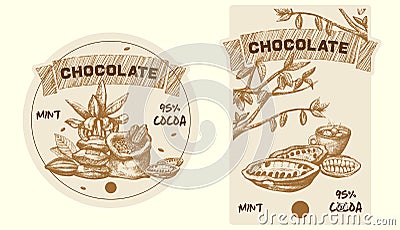 Cocoa leaves, tree and grains vector sketch illustration. Cacao hand drawn badge and banner in vintage style for sweets Vector Illustration